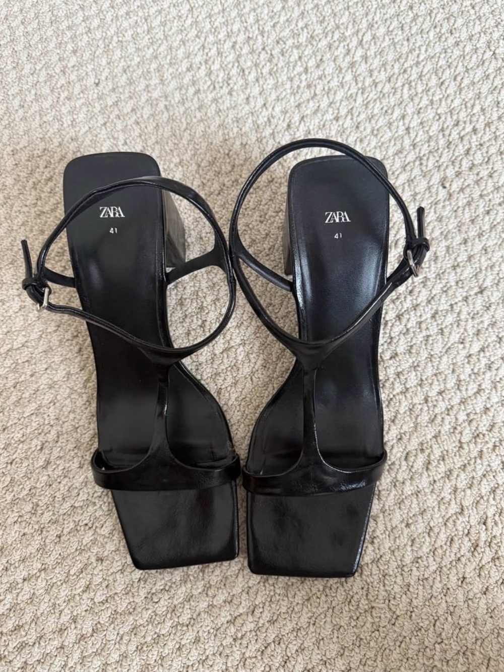 ZARA Black Square-Toe Strappy Heeled Sandals